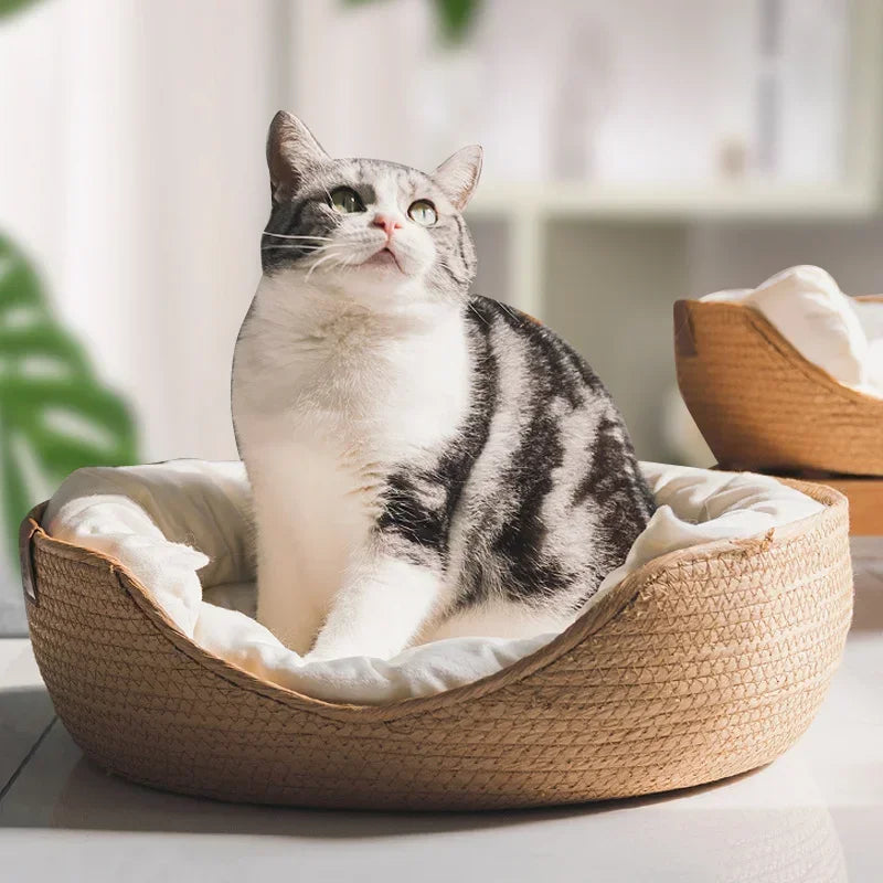 Bamboo Woven Pet Bed  Soft Removable Cushion Dog & Cat Sofa