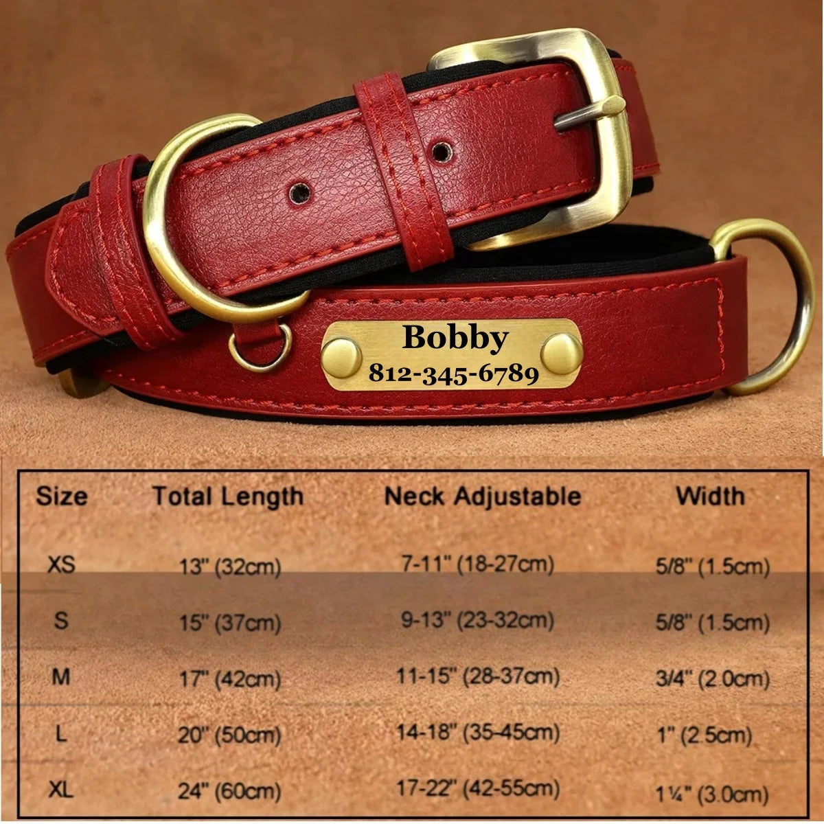 Customizable Leather Dog Collar Engraved Nameplate & ID Tag