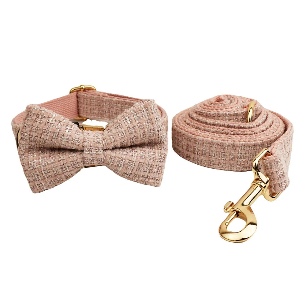 Customized Pink Velvet Dog Collar Set Engraved ID Nameplate