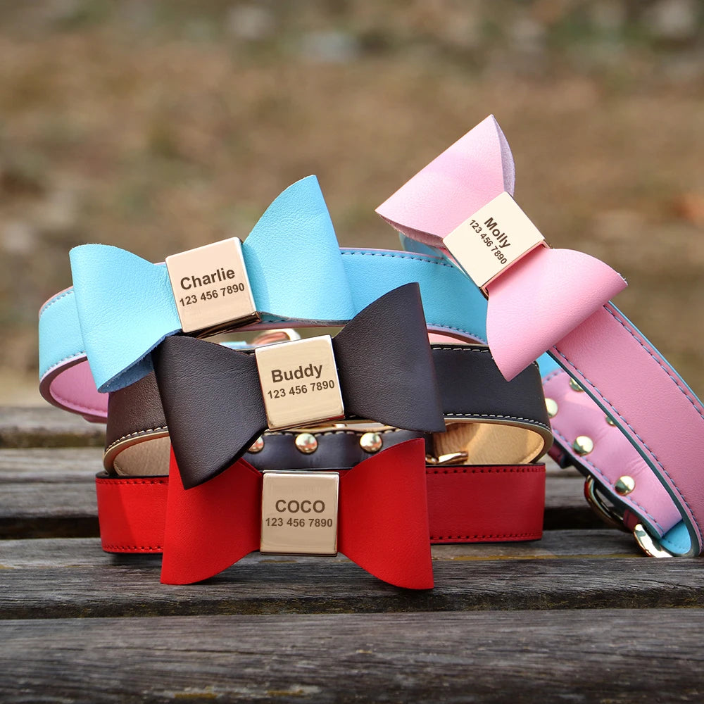 Personalized Dog & Cat Collar Leather ID Name Collar with Bow