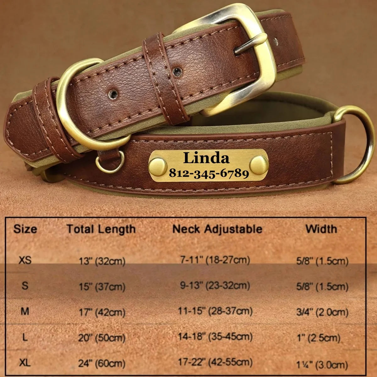 Customizable Leather Dog Collar Engraved Nameplate & ID Tag
