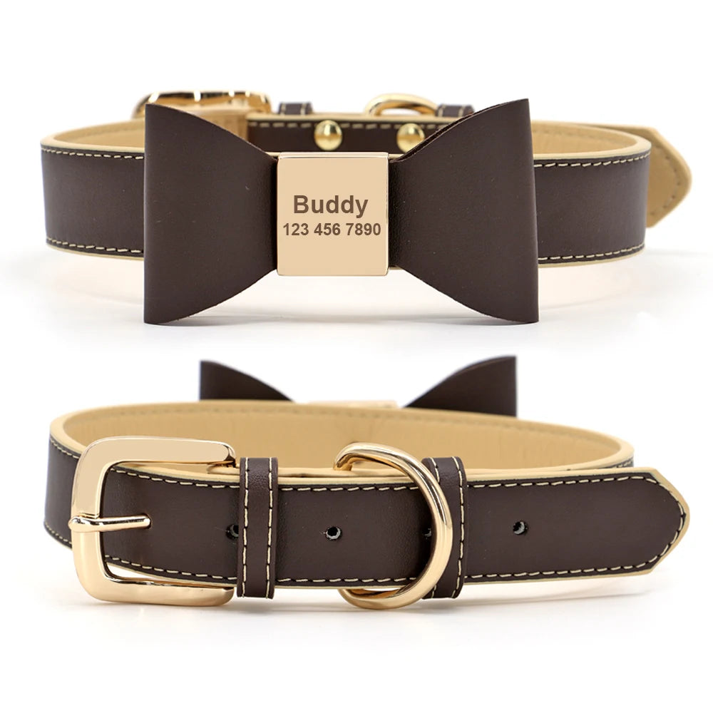 Personalized Dog & Cat Collar Leather ID Name Collar with Bow
