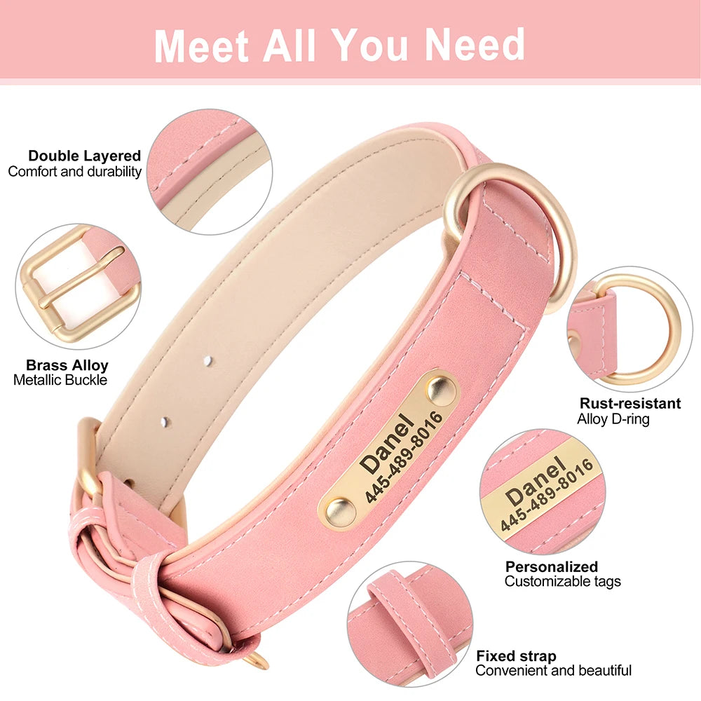 Personalized PU Leather Dog Collar Free Engraved Name ID