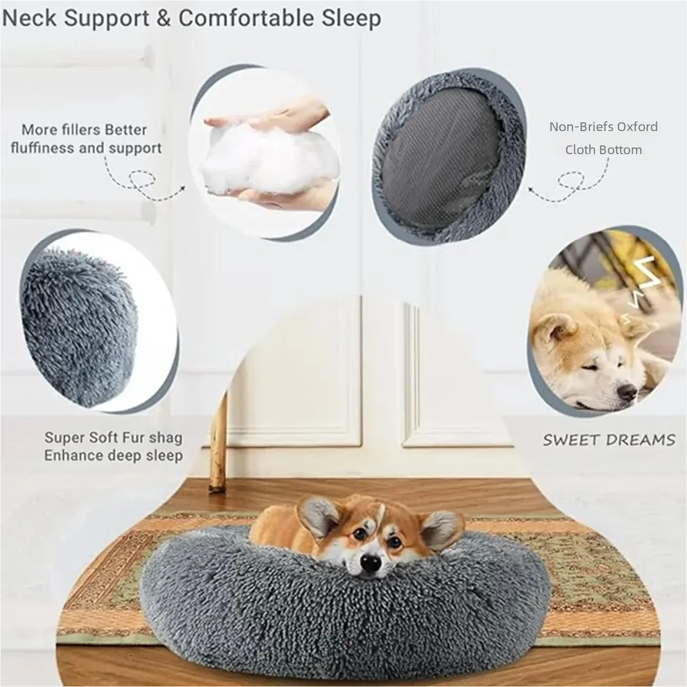 Round Plush Pet Bed Large & Medium Dog Bed, Soft Cat Bed