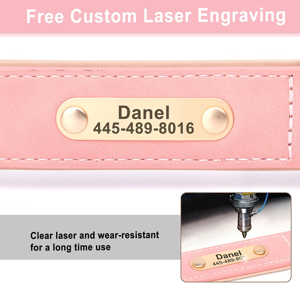 Personalized PU Leather Dog Collar Free Engraved Name ID