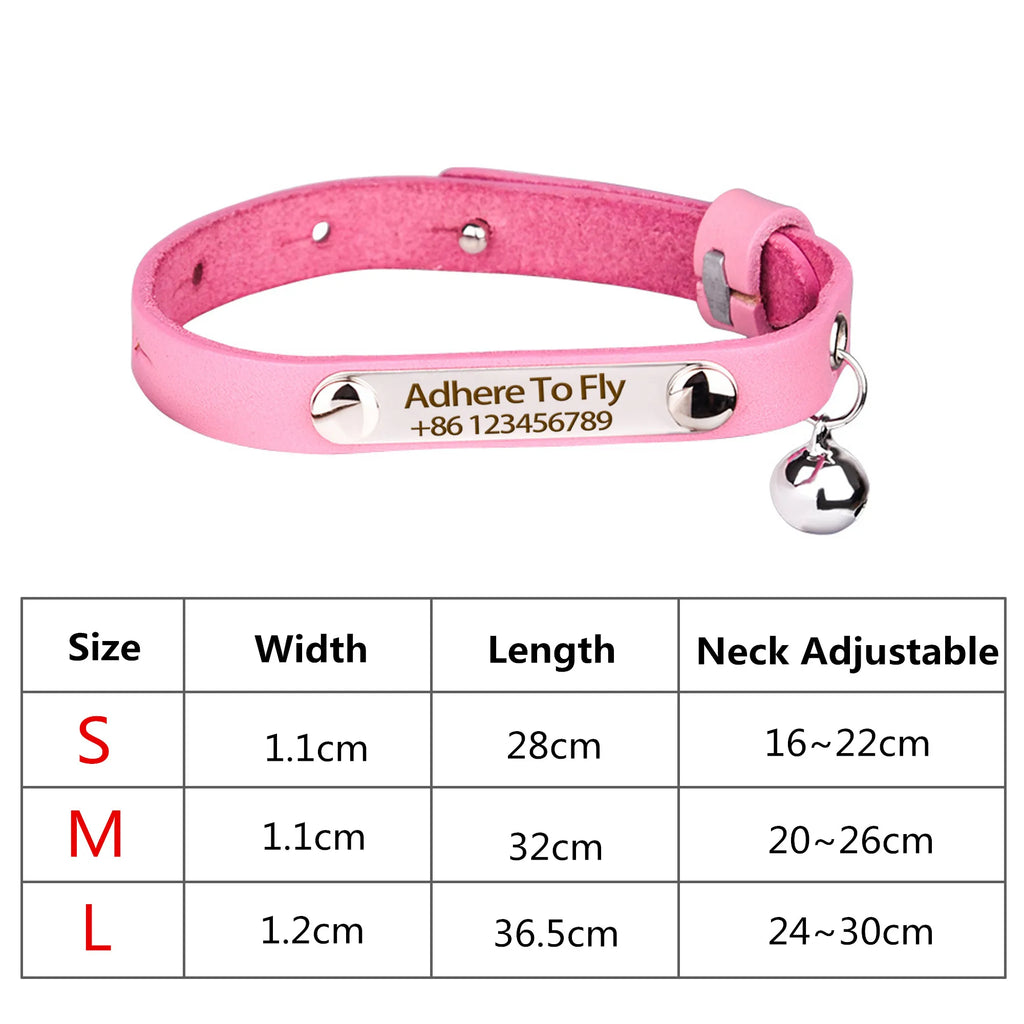 Personalized Leather Cat Collar Adjustable Anti-Loss with Bell